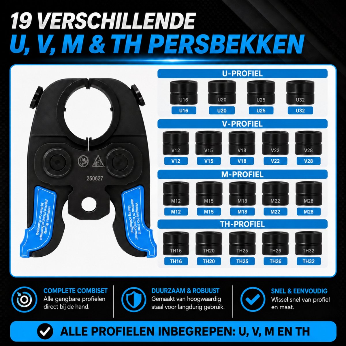 Accu Hydraulische Perstang 60 kN – Complete Set TH + V + U + M-SET – 2x 18V 5.0Ah Accu – 19 Persbekken – Incl. Koffer