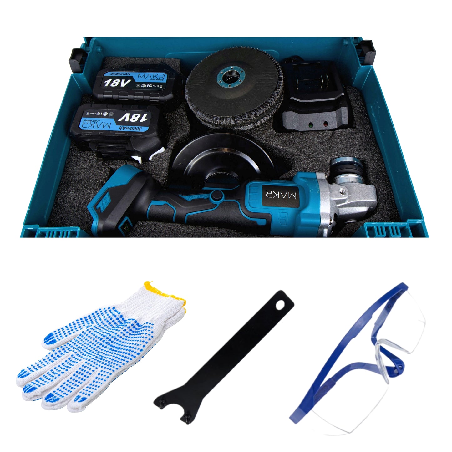 Accu Haakse Slijper 18V – 2x 3.0 Ah accu + snellader + accessoires & opbergkoffer