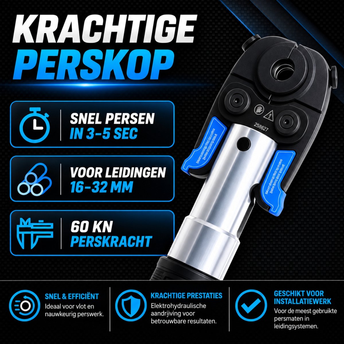 Accu Hydraulische Perstang 60 kN – Complete Set TH + V + U + M-SET – 2x 18V 5.0Ah Accu – 19 Persbekken – Incl. Koffer