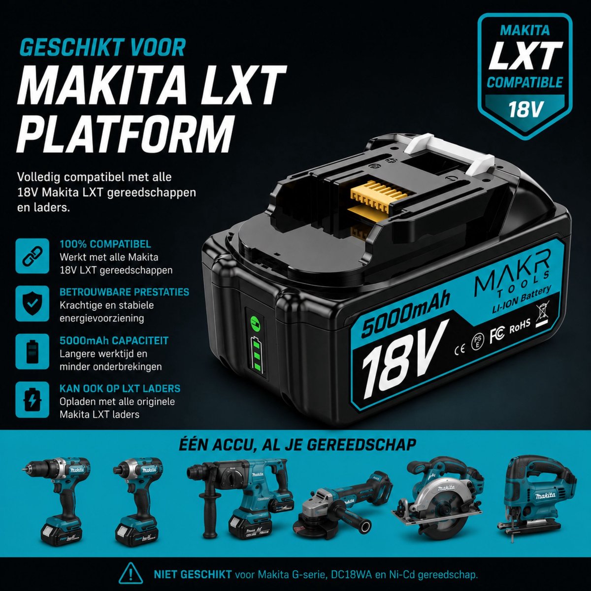 MAKR 18V 5.0Ah Accu voor Makita | LED-Display | Li-Ion Batterij | 2-Pack