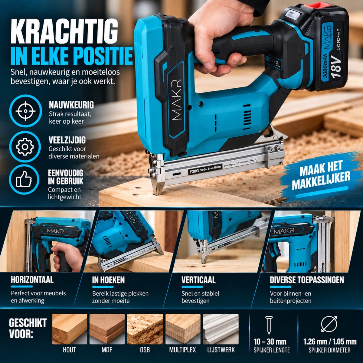 Accu Tacker 18V – Spijkerpistool 2x 3.0 Ah accu + snellader – 10 – 30 mm spijkers
