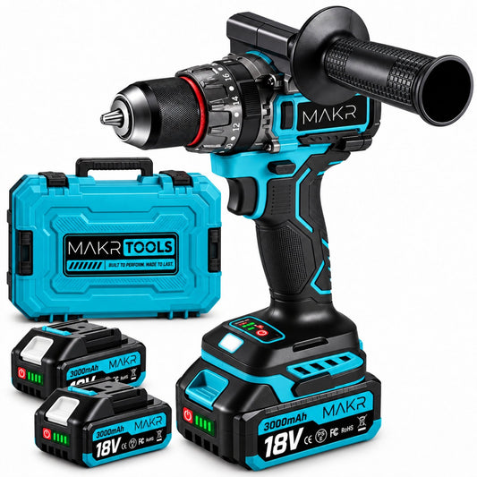Professionele Accu Klopboor-/ Schroefmachine 18V Brushless – 2x 5.0Ah Accu + Oplader & Koffer – 25+3 Standen – Anti-Twist – Incl. Zijhandgreep