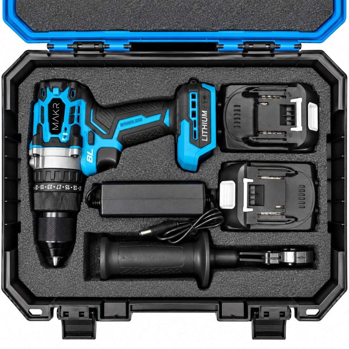 Professionele Accu Klopboor-/ Schroefmachine 18V Brushless – 2x 5.0Ah Accu + Oplader & Koffer – 25+3 Standen – Anti-Twist – Incl. Zijhandgreep