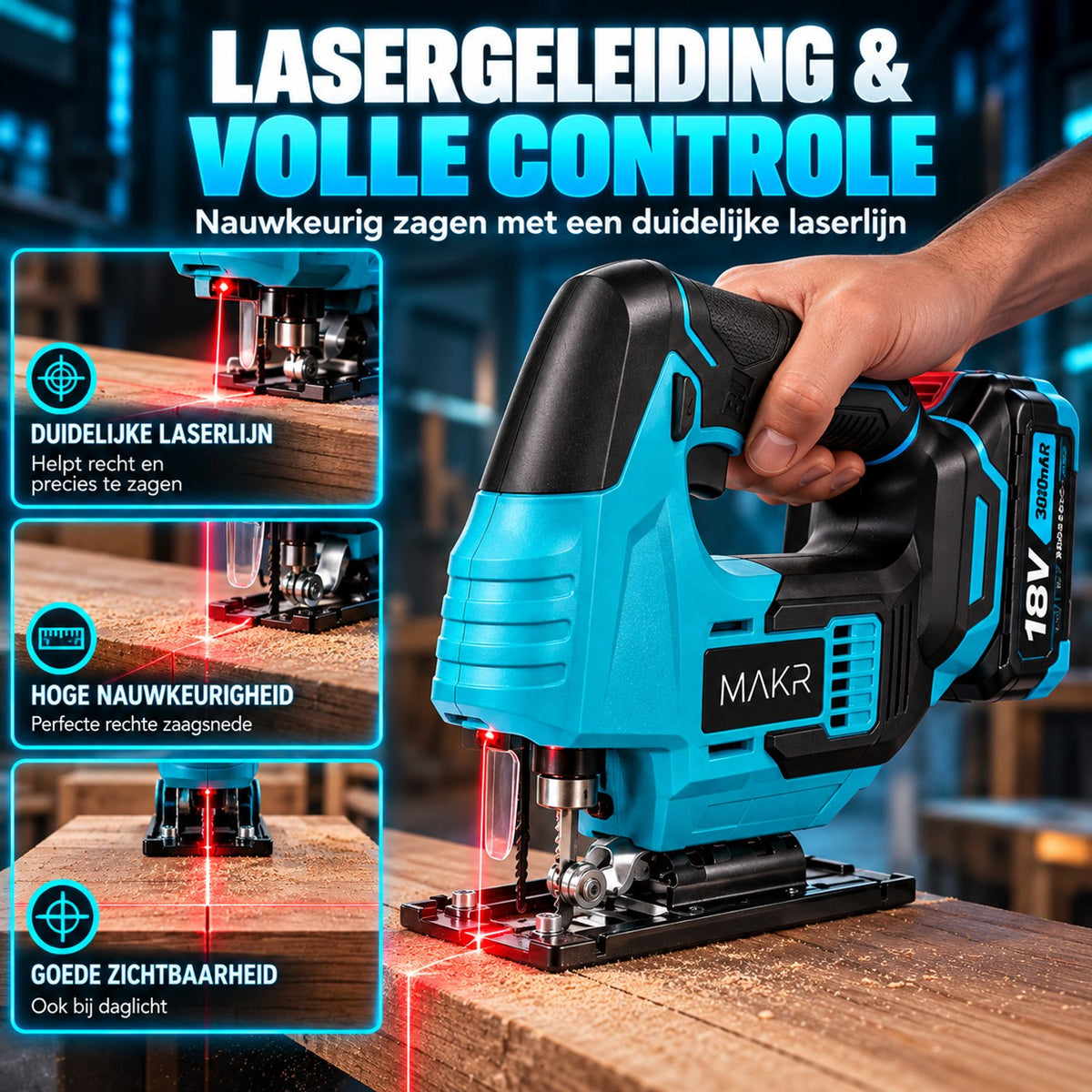 Accu Decoupeerzaag 18V – 2x 5.0 Ah Accu + Oplader - Lasergeleiding & Zaagbladenset