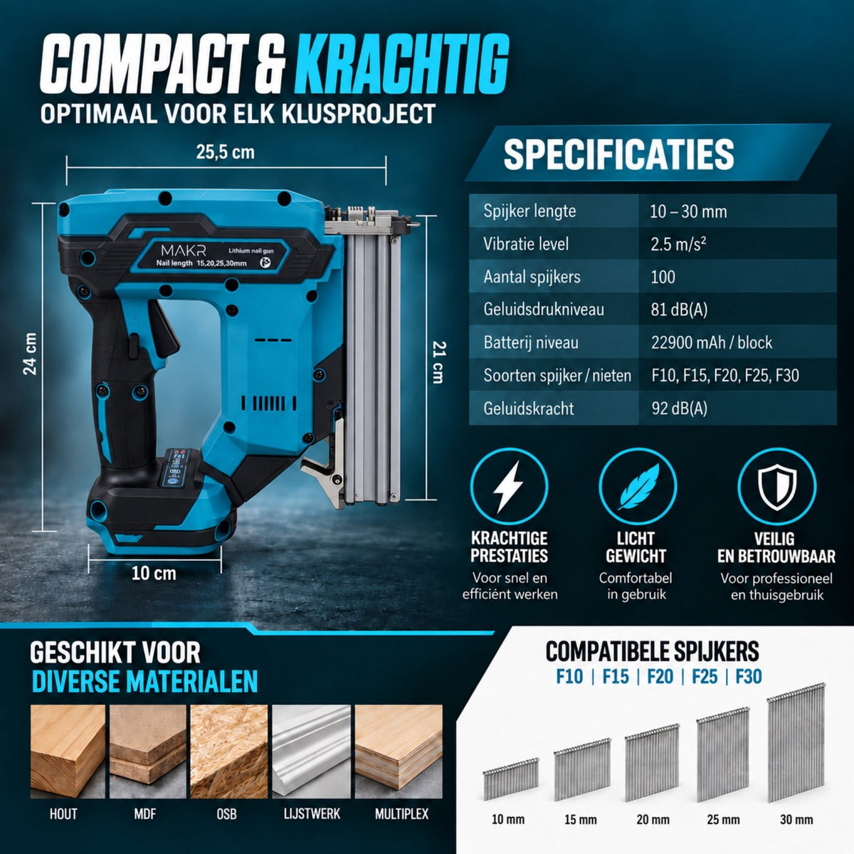 Accu Tacker 18V – Spijkerpistool 2x 3.0 Ah accu + snellader – 10 – 30 mm spijkers