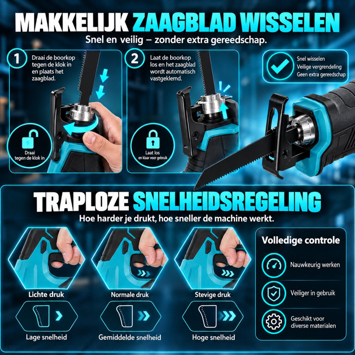 Accu Reciprozaag 18V – 2x 3.0Ah Accu + Oplader – Traploze Snelheid – Snelwissel Zaagblad – 4 Zaagbladen – Opbergtas