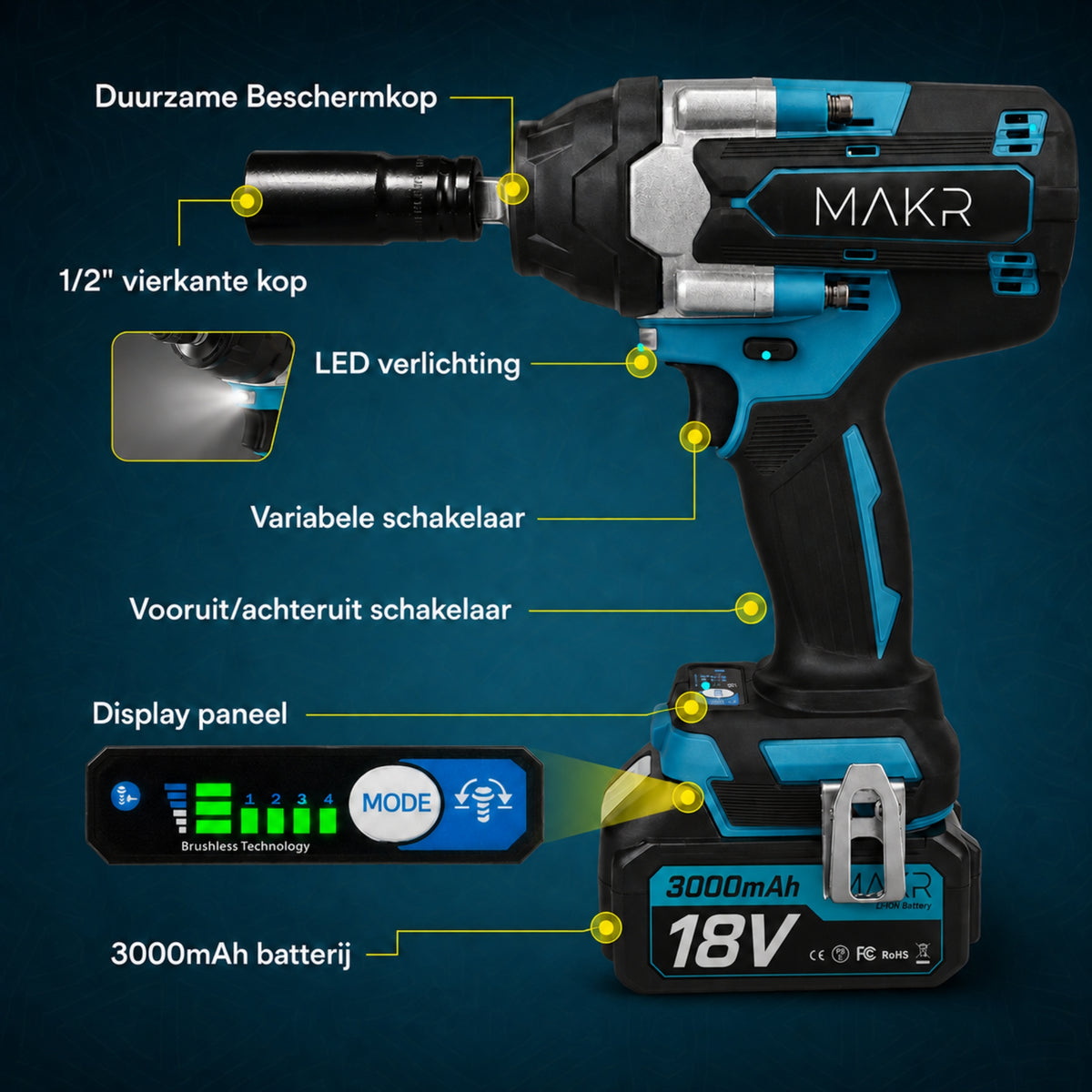 Accu Slagmoersleutel 18V 1000Nm | 2 Accu's + Lader + Koffer & 17mm Dop