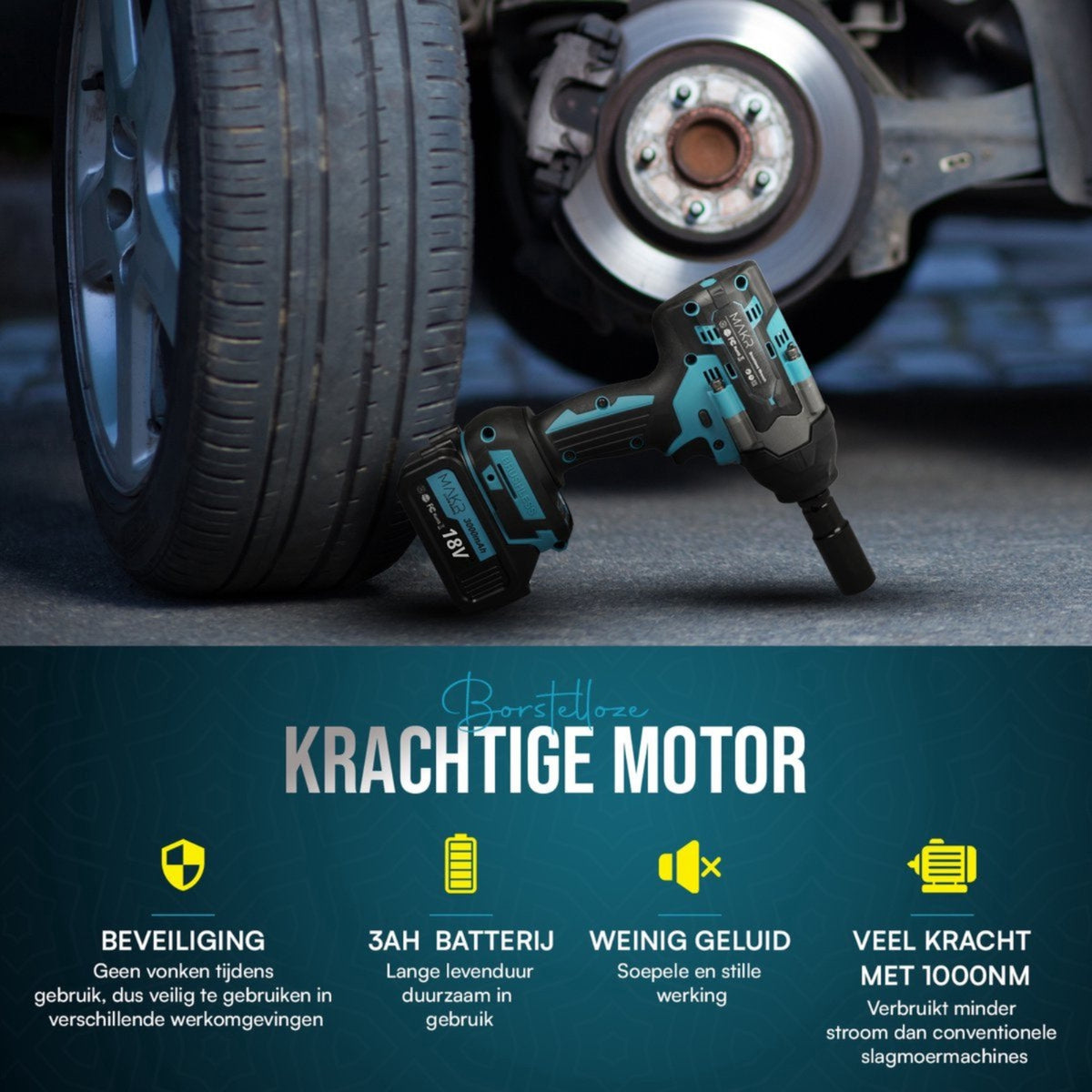 Accu Slagmoersleutel 18V 1000Nm | 2 Accu's + Lader + Koffer & 17mm Dop