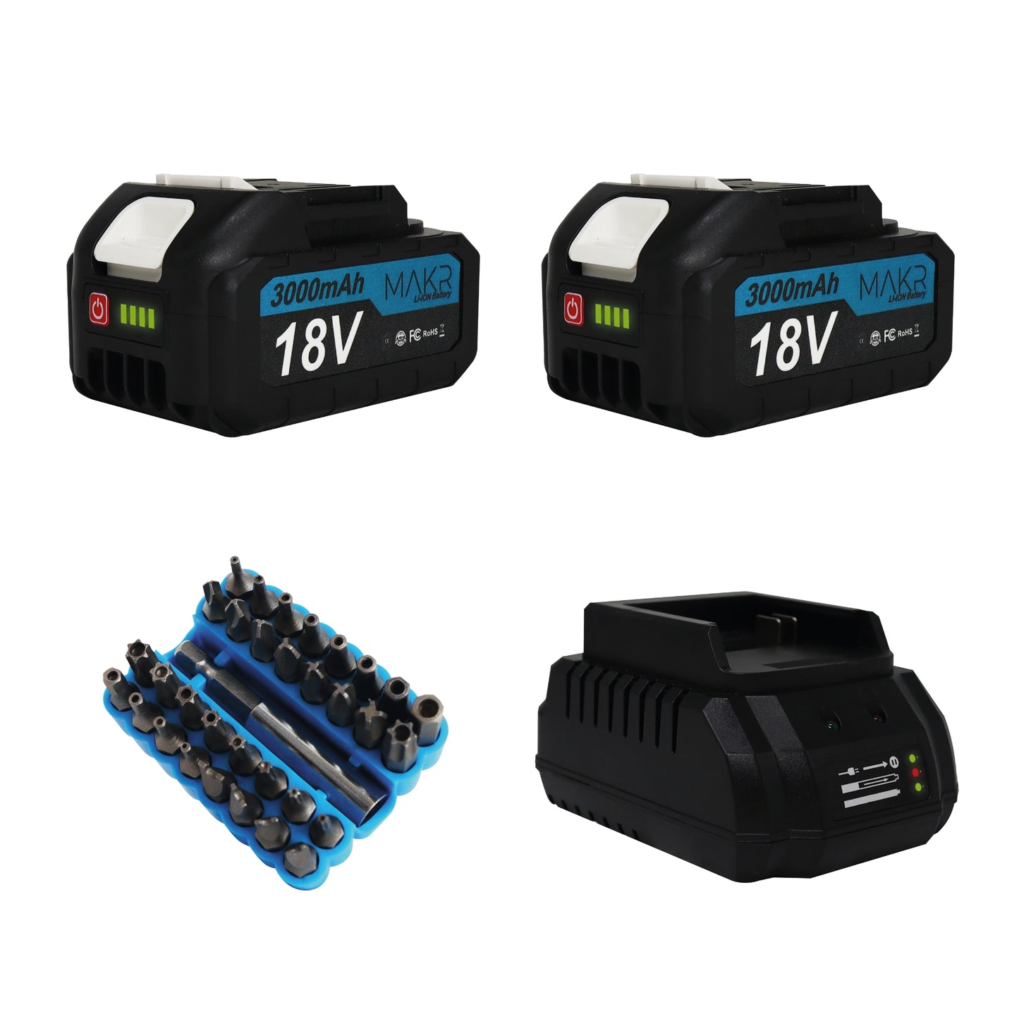 Tournevis/perceuse à percussion 3 en 1 MAKR 18 V | 2 batteries + chargeur + jeu d'embouts 32 pièces