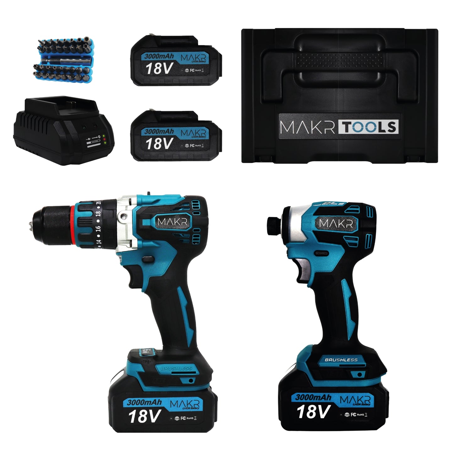 MAKR 18V ​​Hammer Drill/Screwdriver &amp; Impact Wrench Set | 2 Batteries + Charger + Case