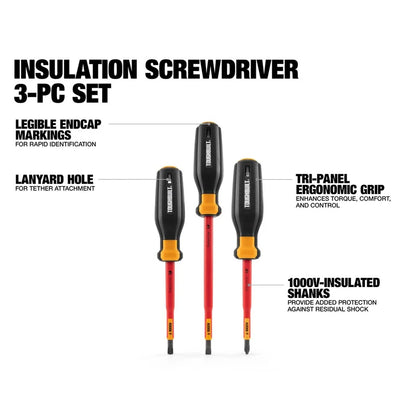 TOUGHBUILT 3 in 1 1000V Insulated Screwdriver Set IEC/EN 60900 3PC Phillips Slotted Screwdrivers Electrician Hand Tool TB-H5S3-N