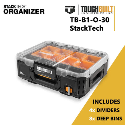 TOUGHBUILT StackTech Compact Low-Profile Organizer Large Size with 4 Dividers and 8 Deep Bin IP65 Waterproof Tool Box TB-B1-O-30