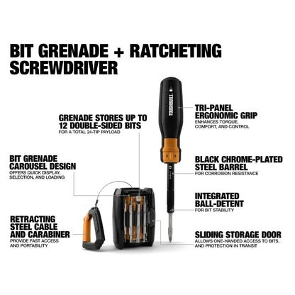 ToughBuilt TB-H5S2-MR-A Ratcheting Multi-Bit Driver + 24-Bit Grenade Hand Tools Accessories