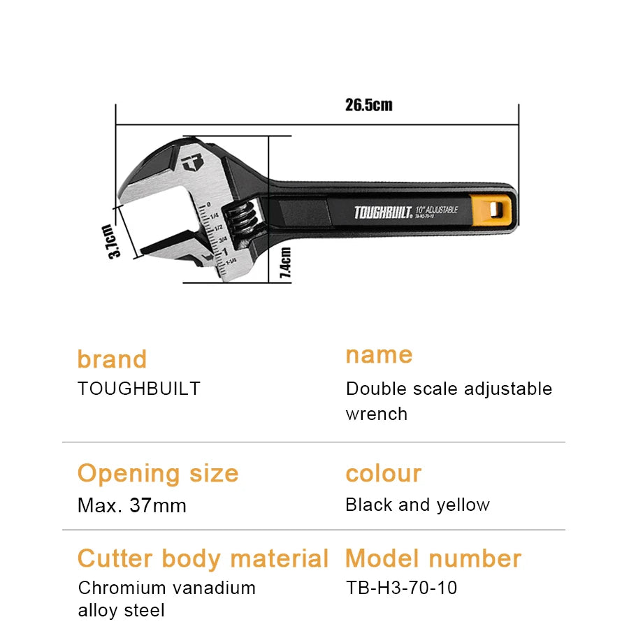 TOUGHBUILT TB-H3-70-08 TB-H3-70-10 Adjustable Wrench 8"/10" Double Scale Movable Spanner Mechanical Tools