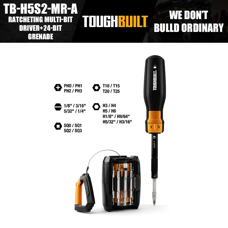 ToughBuilt TB-H5S2-MR-A Ratcheting Multi-Bit Driver + 24-Bit Grenade Hand Tools Accessories