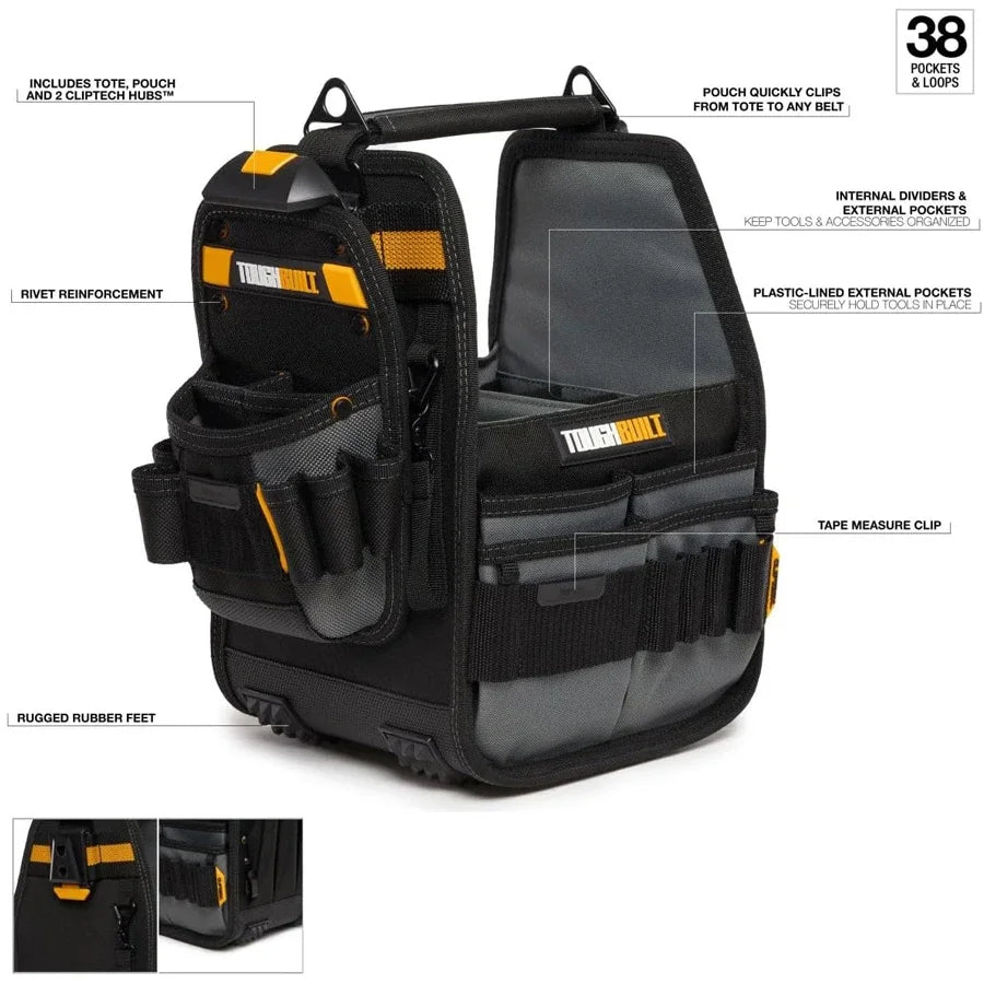 TOUGHBUILT TB-CT-180-8 8'' Tool Basket Bag + Quick Hanging Waist Bag, Tote Pouch with 31 Pockets, 2 ClipTech Hubs and Loops