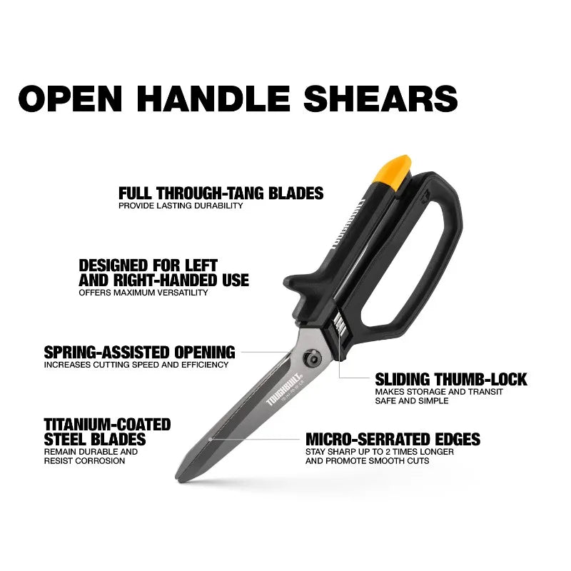 ToughBuilt TB-H4-70-10-LR 5-in Micro-serrated Open Handle Spring Assisted Scissors Hand Tools Accessories