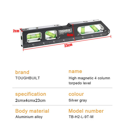 TOUGHBUILT Magnetic 4 Bubble Spirit Level 9 inch 230mm Horizontal Ruler Billet Material Level TB-H2-L-9T-M