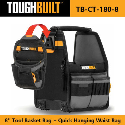 TOUGHBUILT TB-CT-180-8 8'' Tool Basket Bag + Quick Hanging Waist Bag, Tote Pouch with 31 Pockets, 2 ClipTech Hubs and Loops