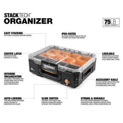 TOUGHBUILT StackTech Compact Low-Profile Organizer Large Size with 4 Dividers and 8 Deep Bin IP65 Waterproof Tool Box TB-B1-O-30