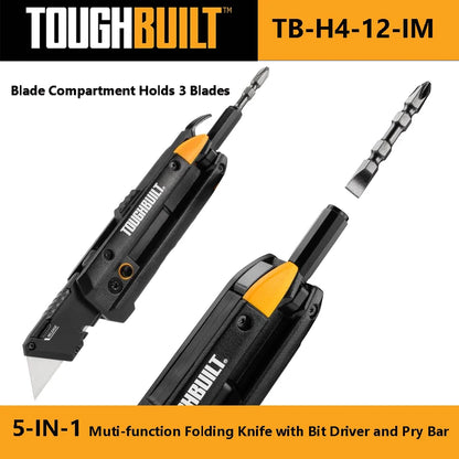 TOUGHBUILT TB-H4-12-IM Electrician's Folding Utility Knife Multifunctional Pocket Knife with Bit Driver and Pry Bar