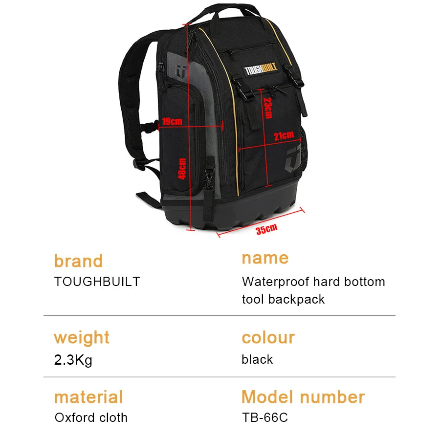 TOUGHBUILT Tool Backpack Fits 13"-17" Laptops Waterproof Base Open and Covered Internal Pockets Tool Bag TB-66C