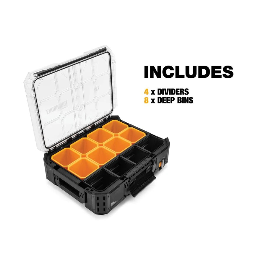 TOUGHBUILT StackTech Compact Low-Profile Organizer Large Size with 4 Dividers and 8 Deep Bin IP65 Waterproof Tool Box TB-B1-O-30