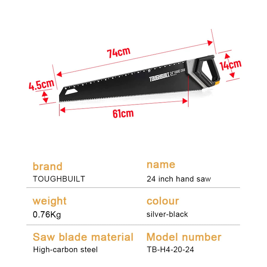 TOUGHBUILT 24" Hand Saw 600mm High Carbon Steel Resin Coating Wooden Board Saw TB-H4-20-24