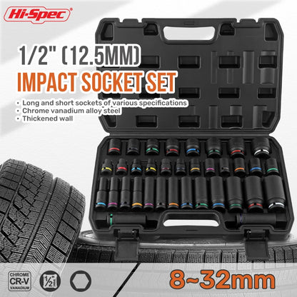 Hi-Spec 35Pcs 1/2" Impact Long and Short Sockets Hex Bit Hexagon Screwdriver Bits Socket Set Chrome Drive Socket Set For Repair