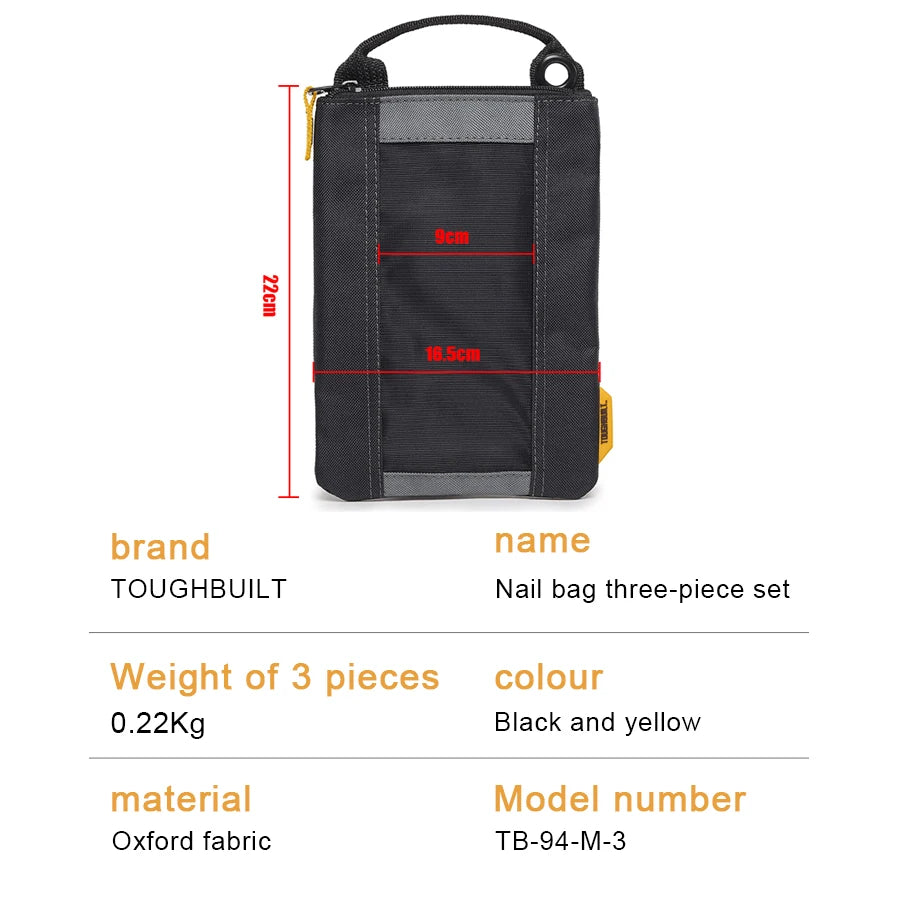 TOUGHBUILT 3PCS Storage Tool Bag Multifunctional Fastener Bags Tool Accessories TB-94-M-3