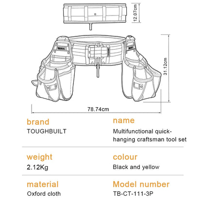 TOUGHBUILT TB-CT-111-3P Tool Bag Belt Set 3Pcs  (2 large tool pockets+1widened belt) Quick Hang Tool Multifunction Tool Belt Set